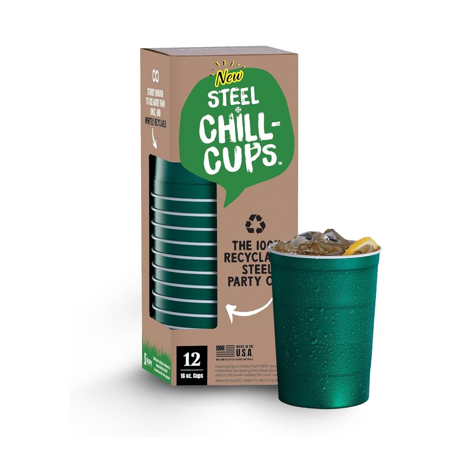 Steel Chill Cups 16 oz. Durable & Reusable Party Cups, Green, 12 Count