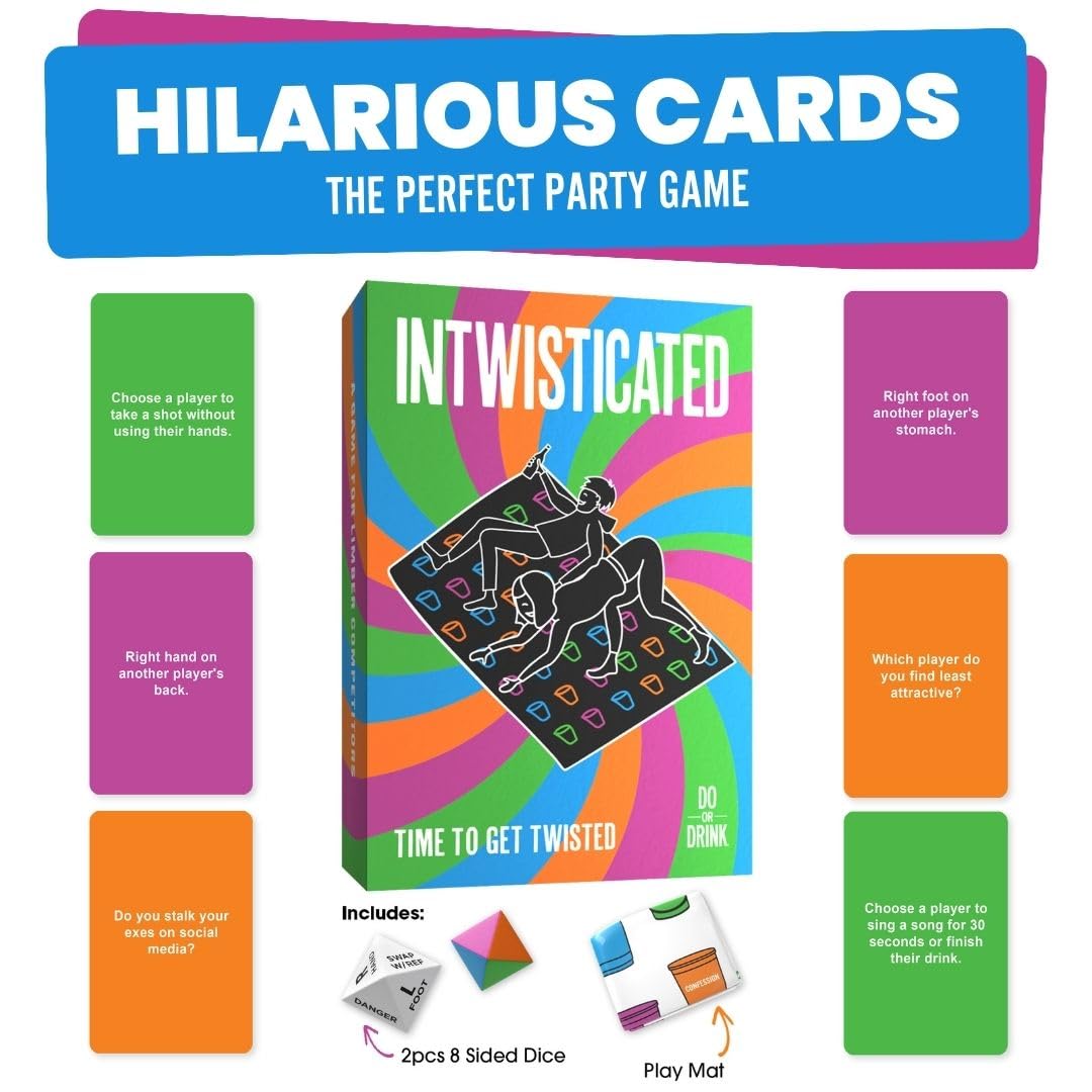 Do or Drink Intwisticated - Adult Games with Twists and Tangles - Fun Party Games with Play Mat, 150 Challenge Cards and 2 Dice - Great Gift for Game