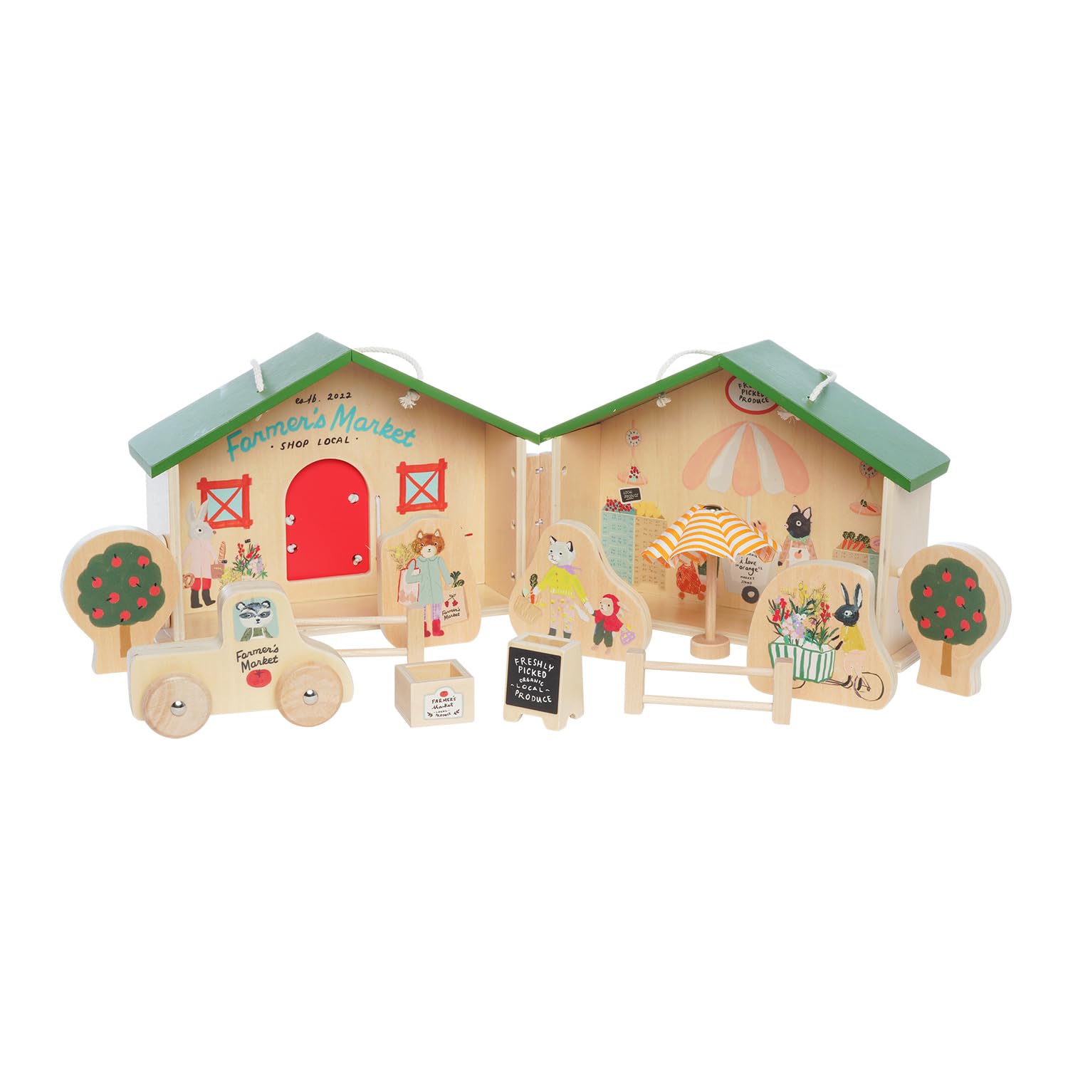Manhattan Toy Farmer’s Market Day 12-Piece Portable Wooden Toy Figure Pretend Shopping Playset