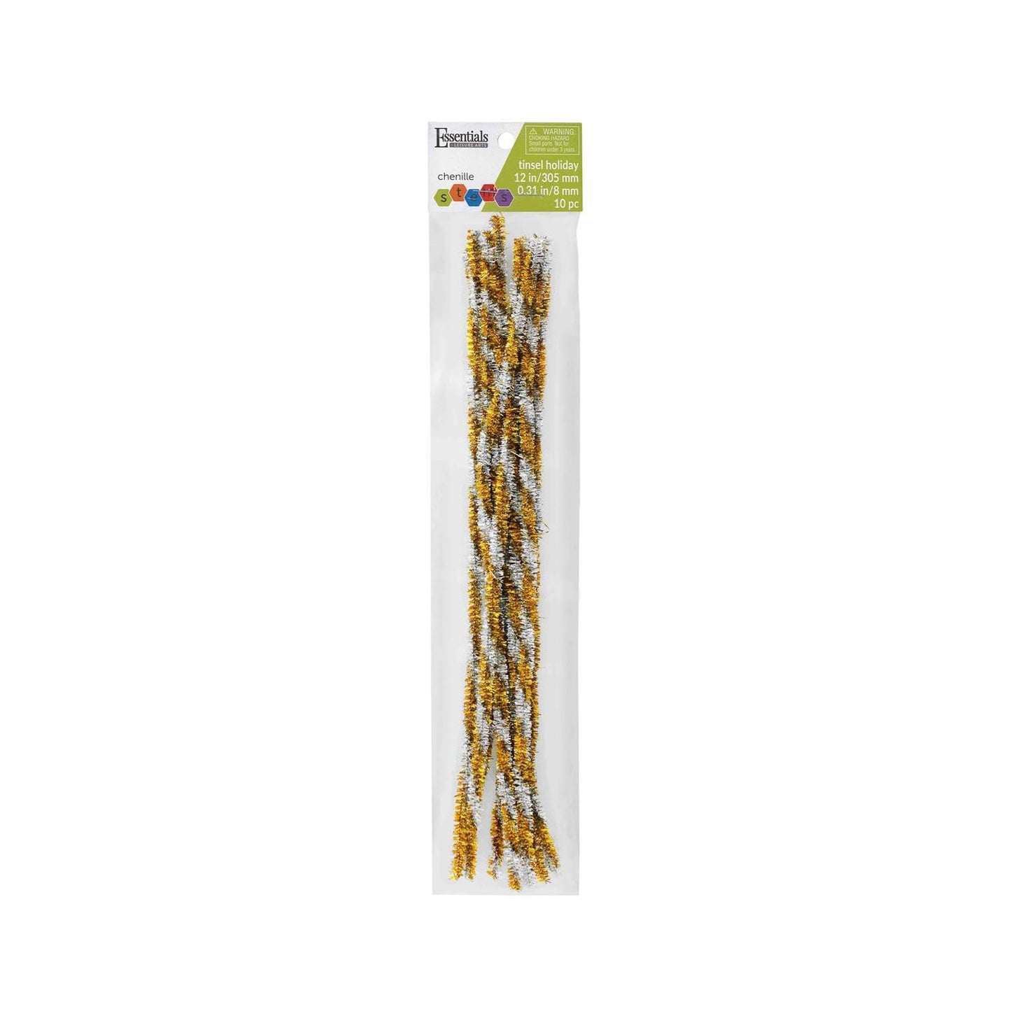 Essentials By Leisure Arts Holiday Tinsel Chenille Stems 12 Inch 8mm, Gold and Silver Sparkly Craft Pipe Cleaners for Ornaments, Decorations, DIY