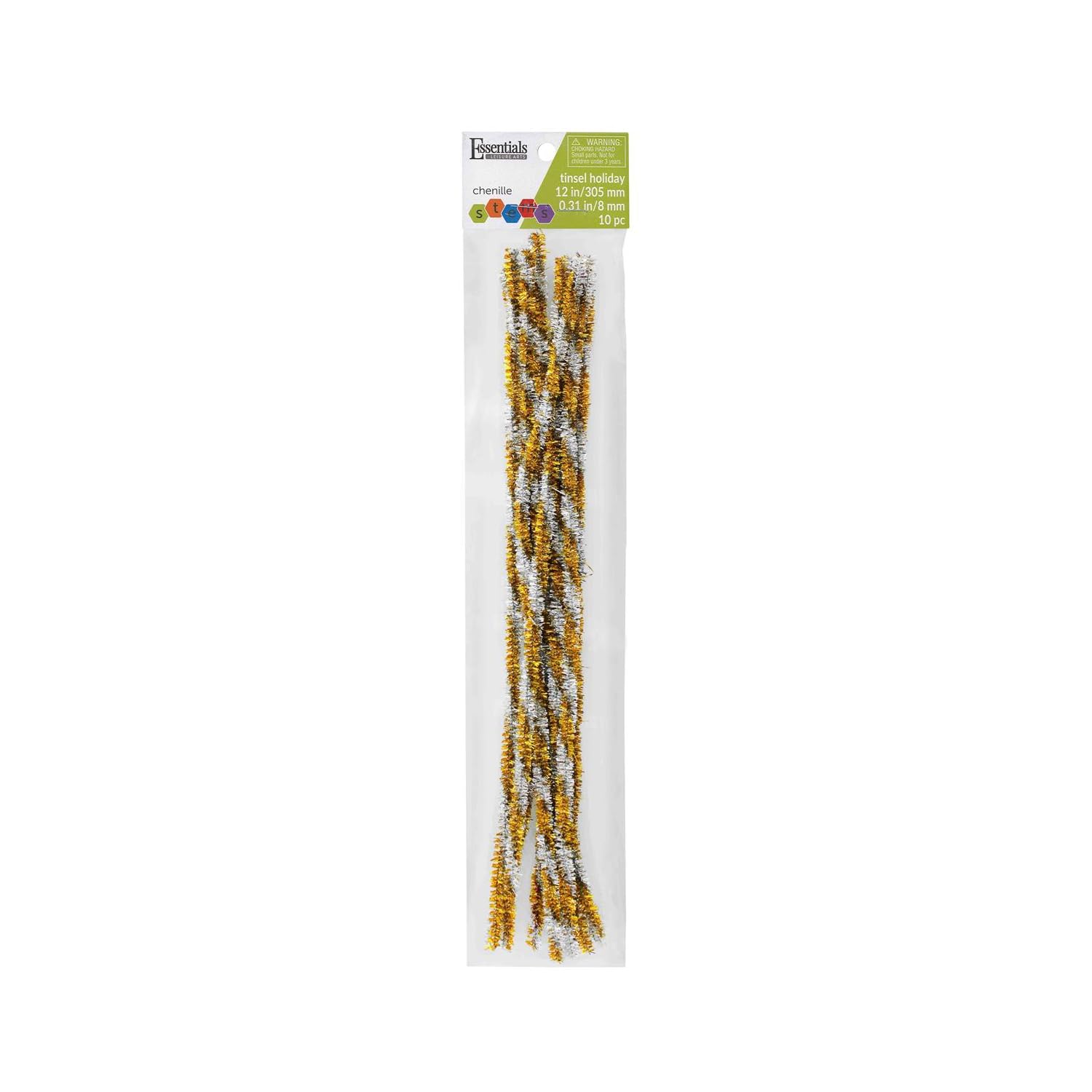 Essentials By Leisure Arts Holiday Tinsel Chenille Stems 12 Inch 8mm, Gold and Silver Sparkly Craft Pipe Cleaners for Ornaments, Decorations, DIY