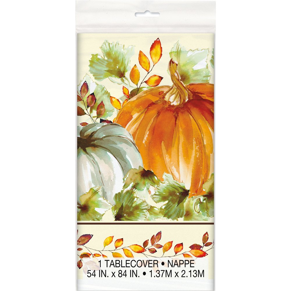 Vibrant Orange Watercolor Fall Pumpkins Plastic Table Cover - 54" x 84" (1 Pc.) - Perfect for Autumn & Thanksgiving Celebrations