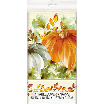 Vibrant Orange Watercolor Fall Pumpkins Plastic Table Cover - 54" x 84" (1 Pc.) - Perfect for Autumn & Thanksgiving Celebrations