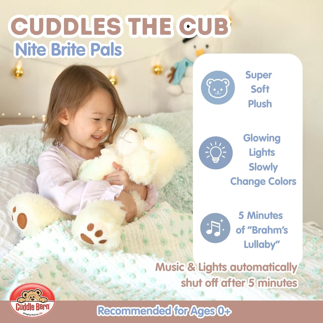 Cuddle Barn - Nite Brite Pals Cuddles the Cub | Large Glowing Musical Extra Soft Teddy Bear, LED Nightlight Changes Colors, Plays Brahm's Lullaby