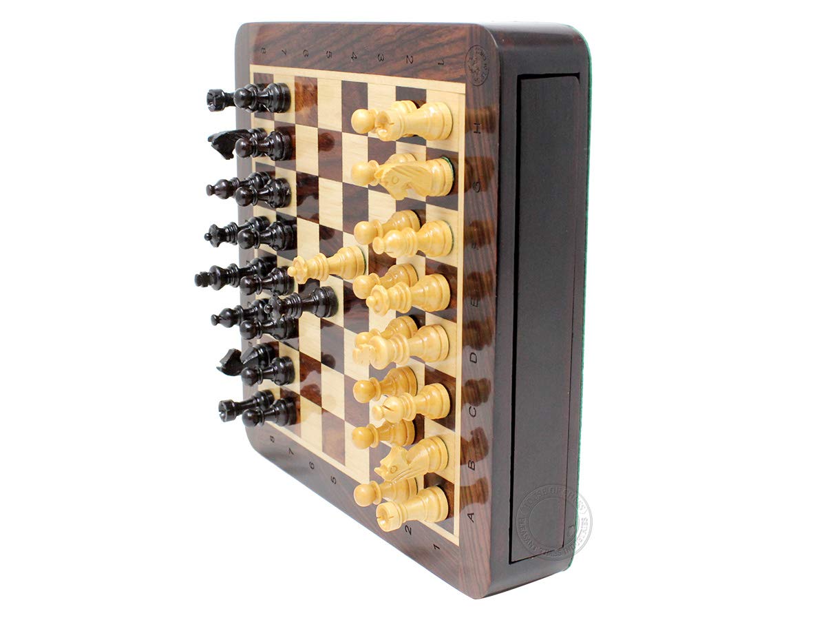 House of Chess - 7.5 Inch Wooden Magnetic Travel Chess Set with Storage Drawer & Algebraic Notation - 2 Extra Queens - Handmade