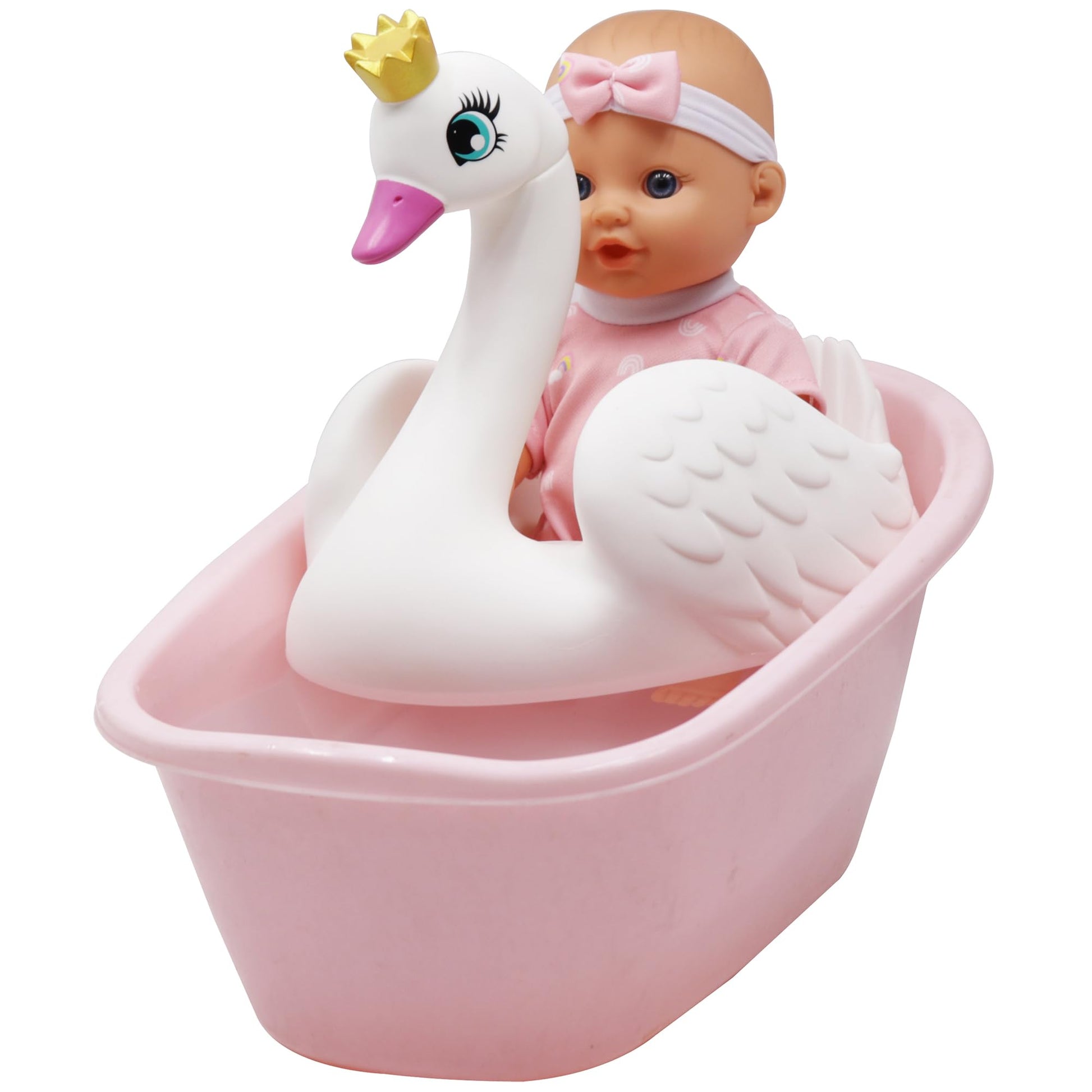 Dream Collection: 10" Bath Time Baby Doll & Swan Floatie Set - Onesie Outfit & Headband, Swaddle Blanket Towel, Hard Body, Water Play Toy Set, Kids 2+