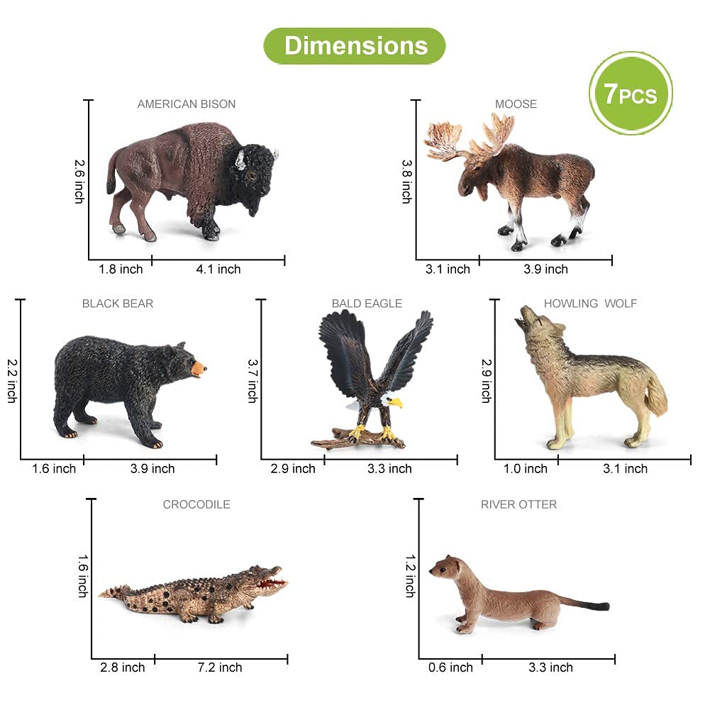 Volnau Safari Animal Figurines Toys 7PCS North America Figures Zoo Pack for Toddlers Kids Christmas Decoration Gift Preschool Educational Moose Wolf