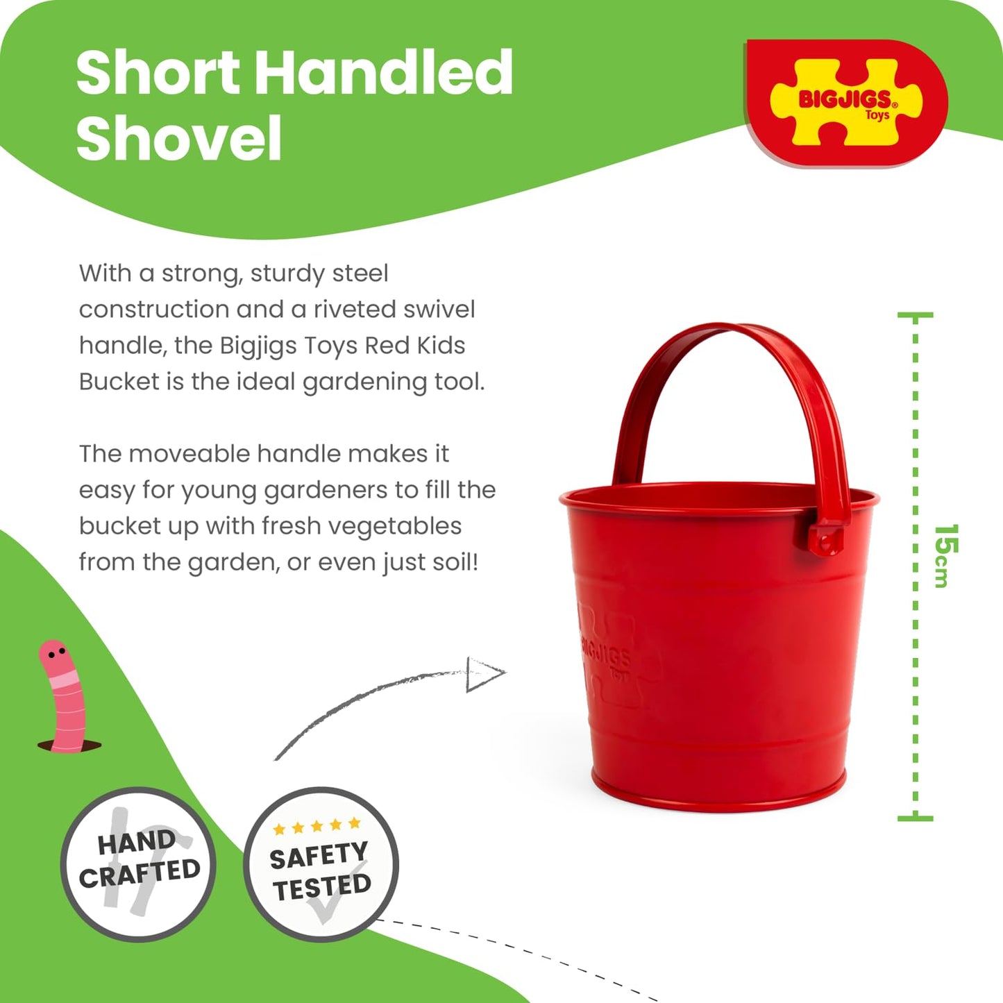 Bigjigs Toys Red Steel Kids Bucket | Metal Tools for Garden & Beach Play | Great Accessories for Gardening Set or Crabbing | Children's Outdoor