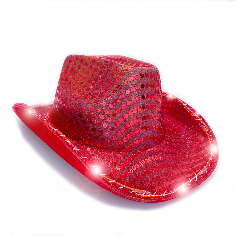 YADIRF Led Hat Cowboy Sequin Party Cap Flashing Light Up Dance Party Cowboy For Halloween Costume Cosplay Holiday (Red)
