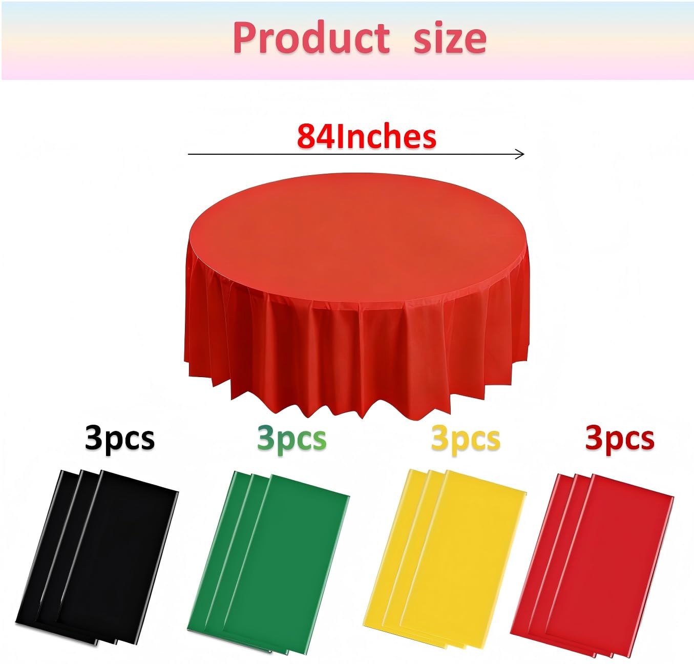 MEILINJIAN 12Pcs Red Green Yellow Black Tablecloth Plastic,Disposable Black History Month Table Cloth Round Table Cover for Party Decoration 84Inch