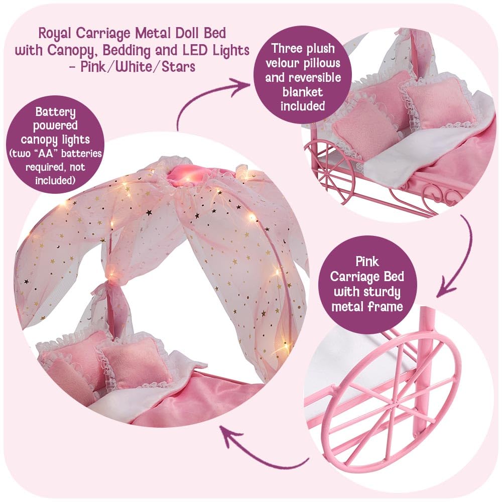 Badger Basket Elegant Royal Carriage Bed for 18-Inch Dolls with Canopy, Bedding, and LED Lights - Pink and White Stars