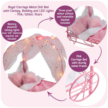Badger Basket Elegant Royal Carriage Bed for 18-Inch Dolls with Canopy, Bedding, and LED Lights - Pink and White Stars