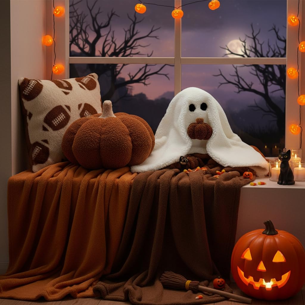 GUUZOGG Ghost with Pumpkin Pillow, 11 Inch Ghost Plush Toy Halloween Decor, Cute Soft Halloween Party Decoration Pillow, Birthday, Thanksgiving
