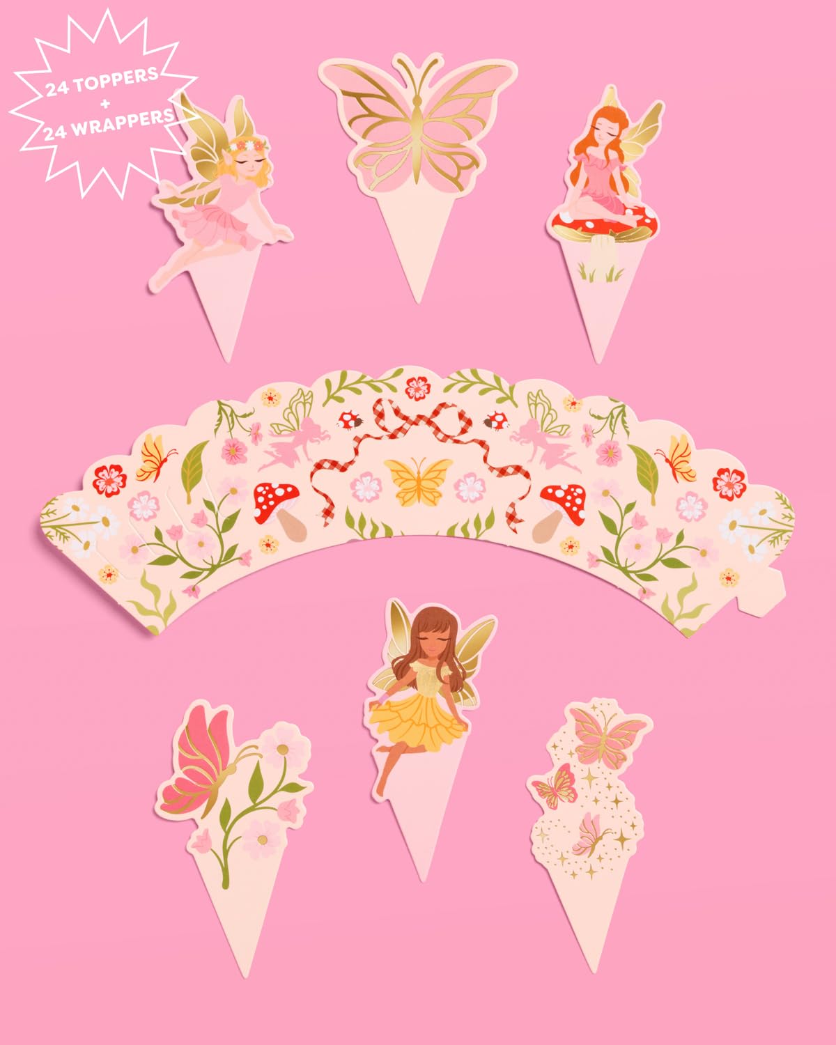 xo, Fetti Garden Fairy Cupcake Toppers and Wrappers - 24 pc Set | Woodland Decorations, Fairy First, Tea Party, Kids Birthday, Butterfly, Pink Floral