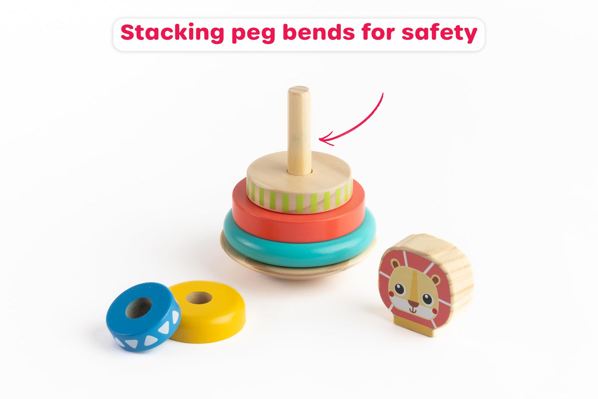 Jasey's Toy Chest Wooden Lion Stacking Rings | 7-Piece Wooden Stacker Toy with Colorful Rings & Lion Topper | Educational Toy for Toddlers Ages 12+
