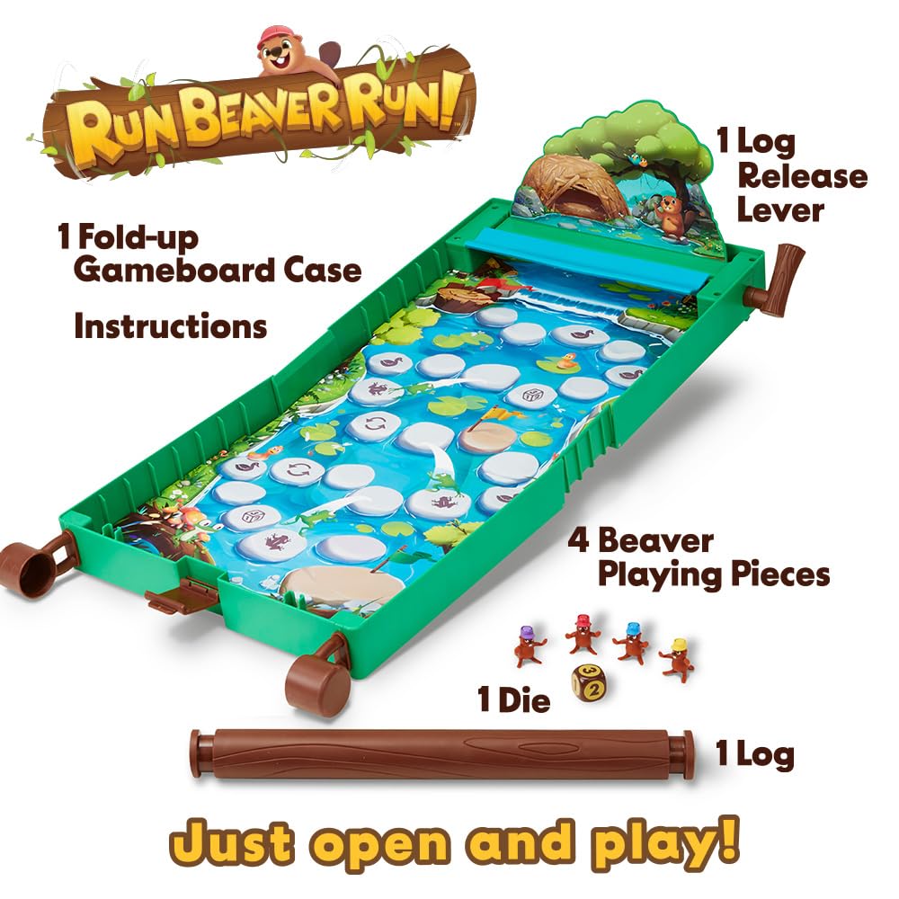 Run Beaver Run - A Fast-Paced Family Board Game with Rolling Log Travel-Friendly Design Perfect for Kids Ages 5+ 2-4 Players Includes Beaver Pieces