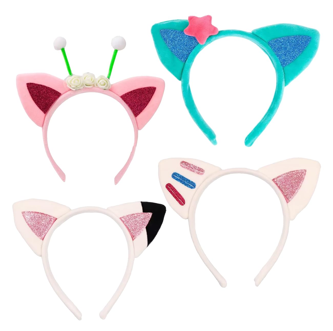 Atvscay 4pcs Plush Cat Ears Headbands, Dollhouse Birthday Party Accessories, Glitter Cartoon Kitty Headwear For Girls Halloween Supplies (4PCS Plush)