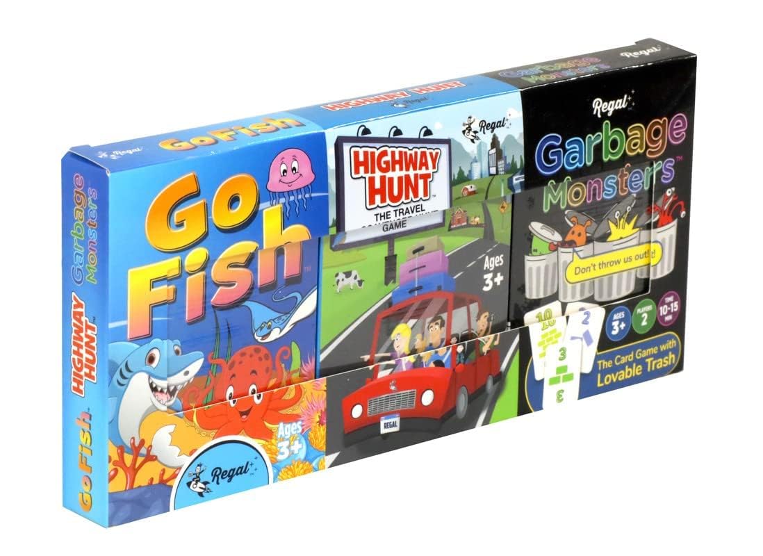 Regal Games - Go Fish, Garbage Monsters, Highway Hunt Card Games Set - Family-Friendly, Fun Card Games - Search & Find, Matching, Counting - Ages 3+