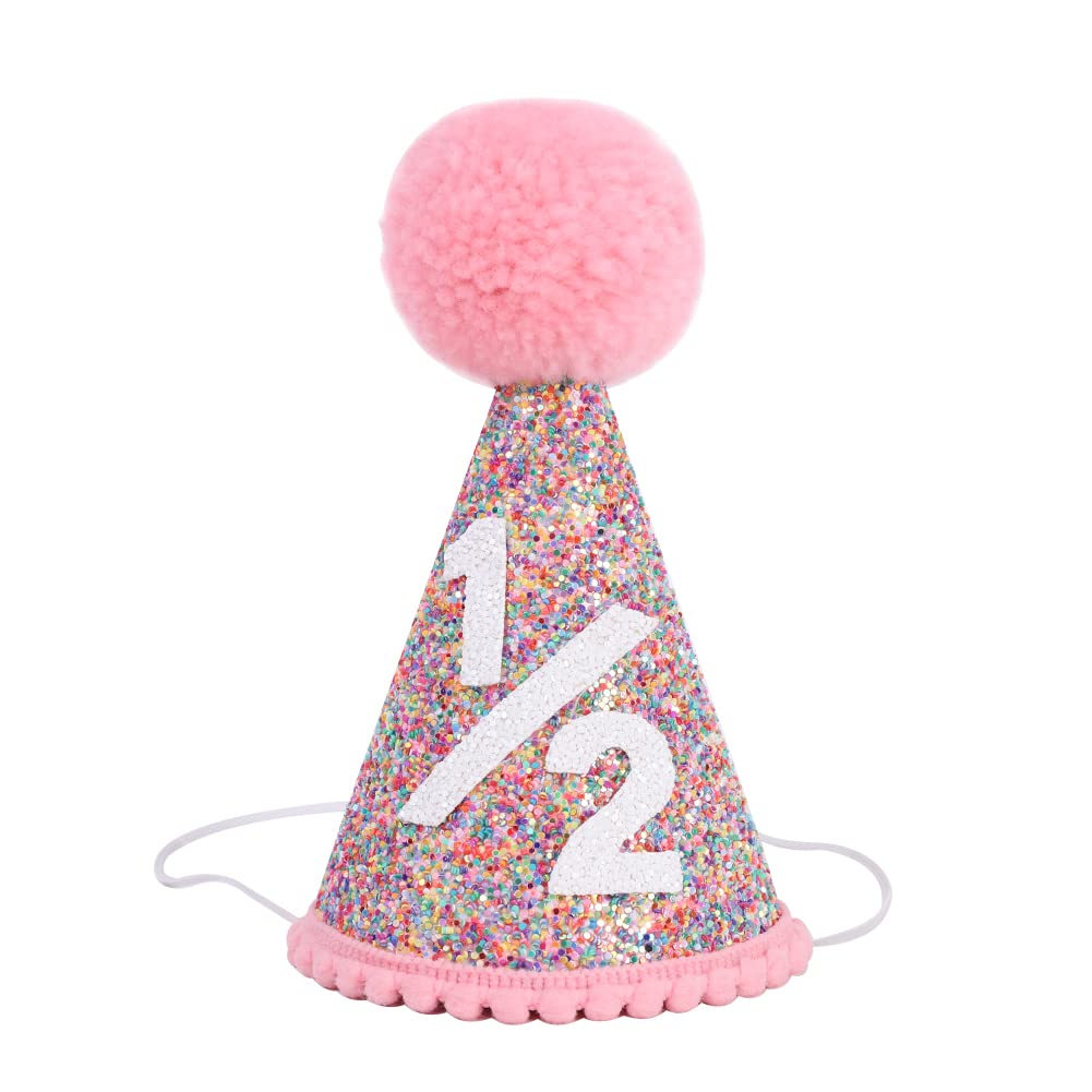 SYESQL Half Birthday Rainbow Cone Hat - Glitter Half Hats Pink,6 Months Party Decor (1/2 Rainbow Hat)