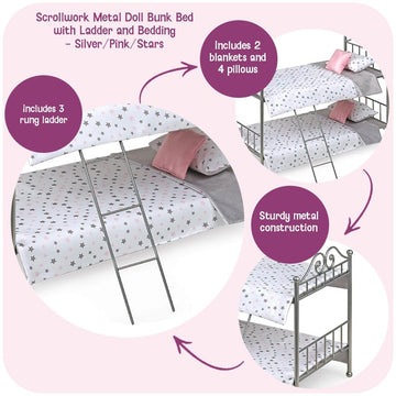 Badger Basket Metal Doll Bunk Bed - Scrollwork Frame with Ladder, Reversible Bedding and Pillows - Fits 18 Inch Girl Doll Furniture - Silver and Pink
