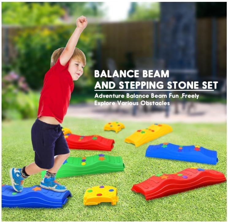 MOCUTEEN Kids Balance Beam Stepping Stones - 4 PCS, Non-Slip Textured Surface with Rubber Pads, Supports Up to 220LBS, Promotes Agility
