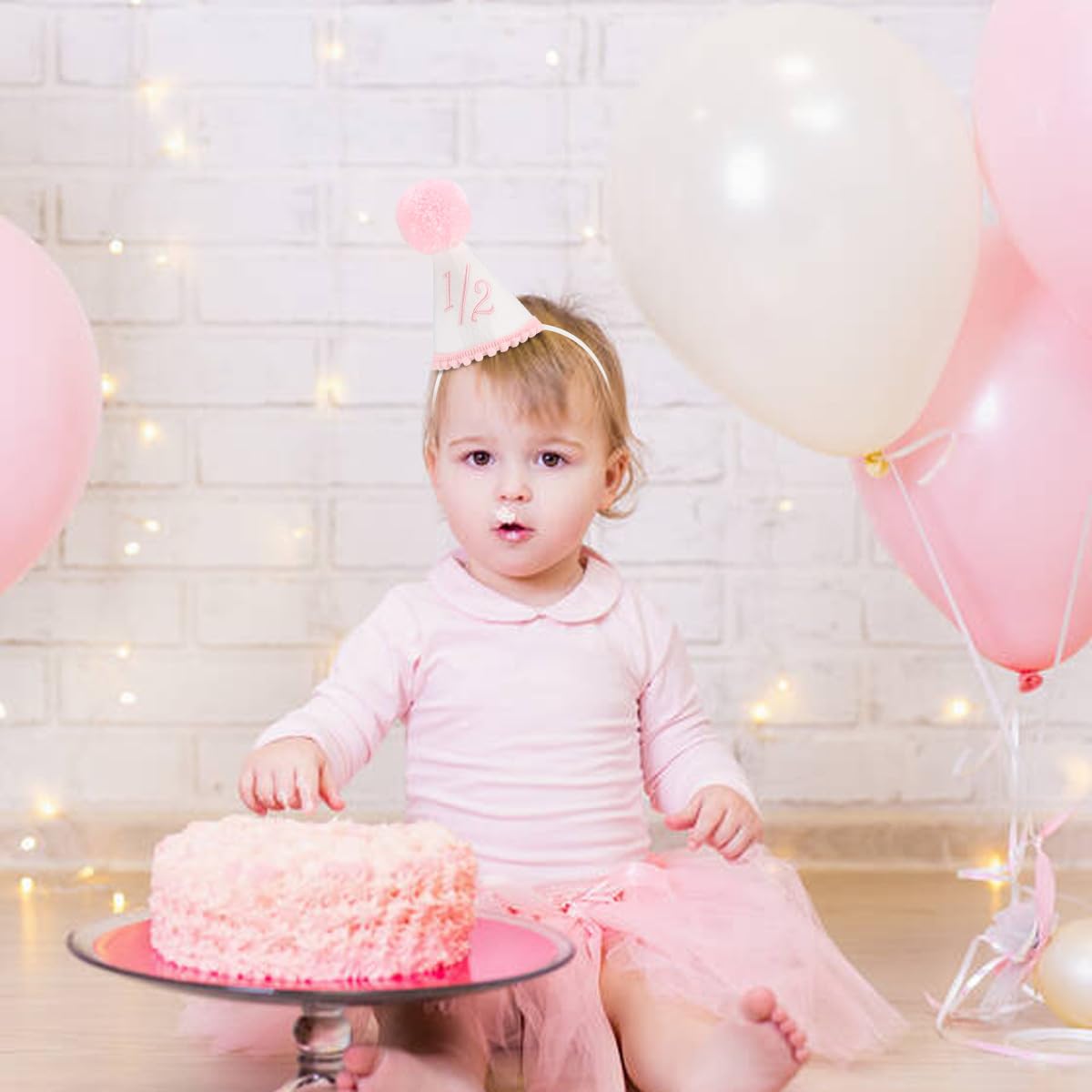 Kaniwati Girl 1/2 Birthday Party Crown, Pink half Hat,Half Birthday Embroidered Party Hat, Pink Girl Decoration (PINK-1/2-CXMZ)