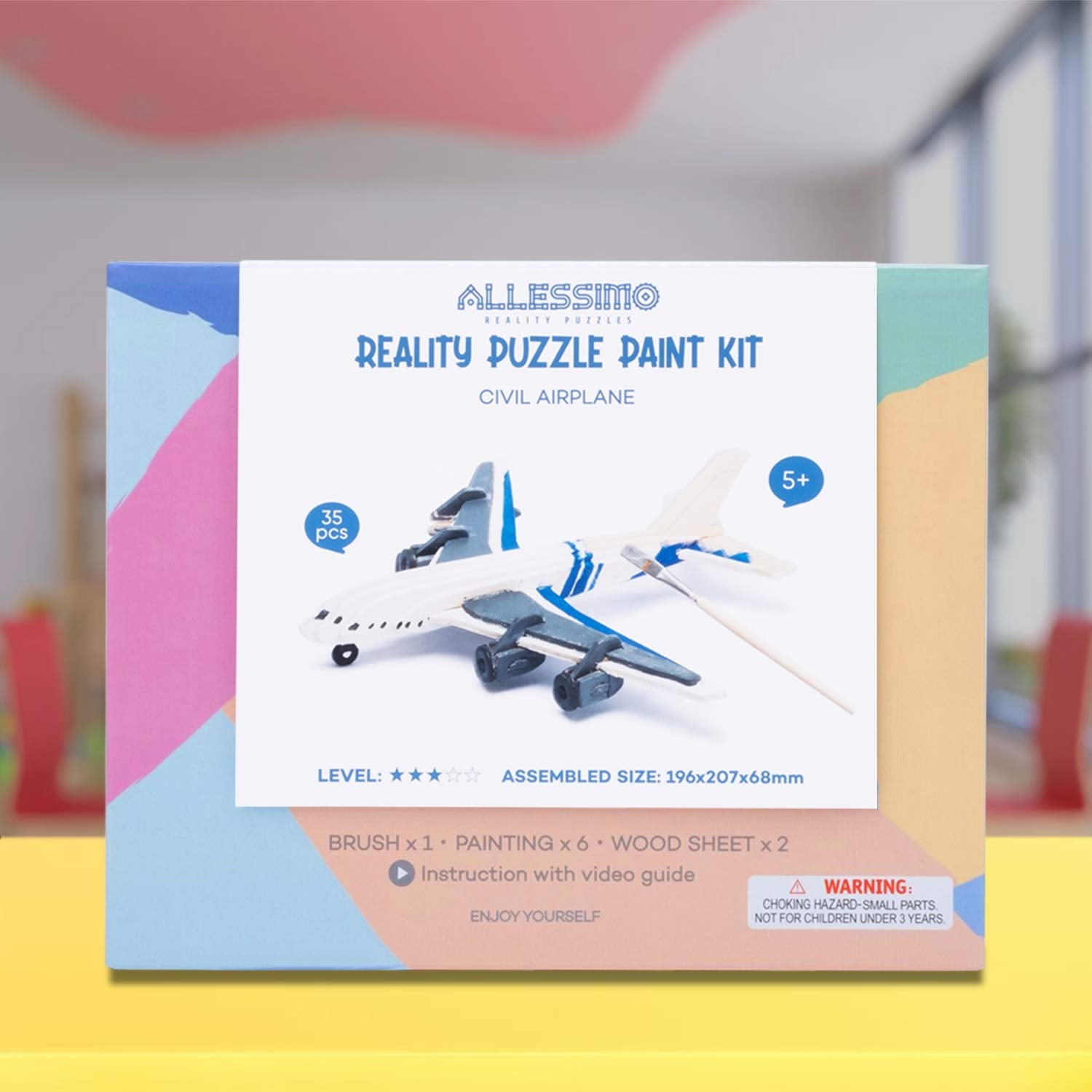 Allessimo 3D Paint Puzzle Creat (Civil Airplane - 35pcs) Model Paint Kit with Brush Toys for Kids Puzzle Build 3D Puzzles Educational Crafts Building