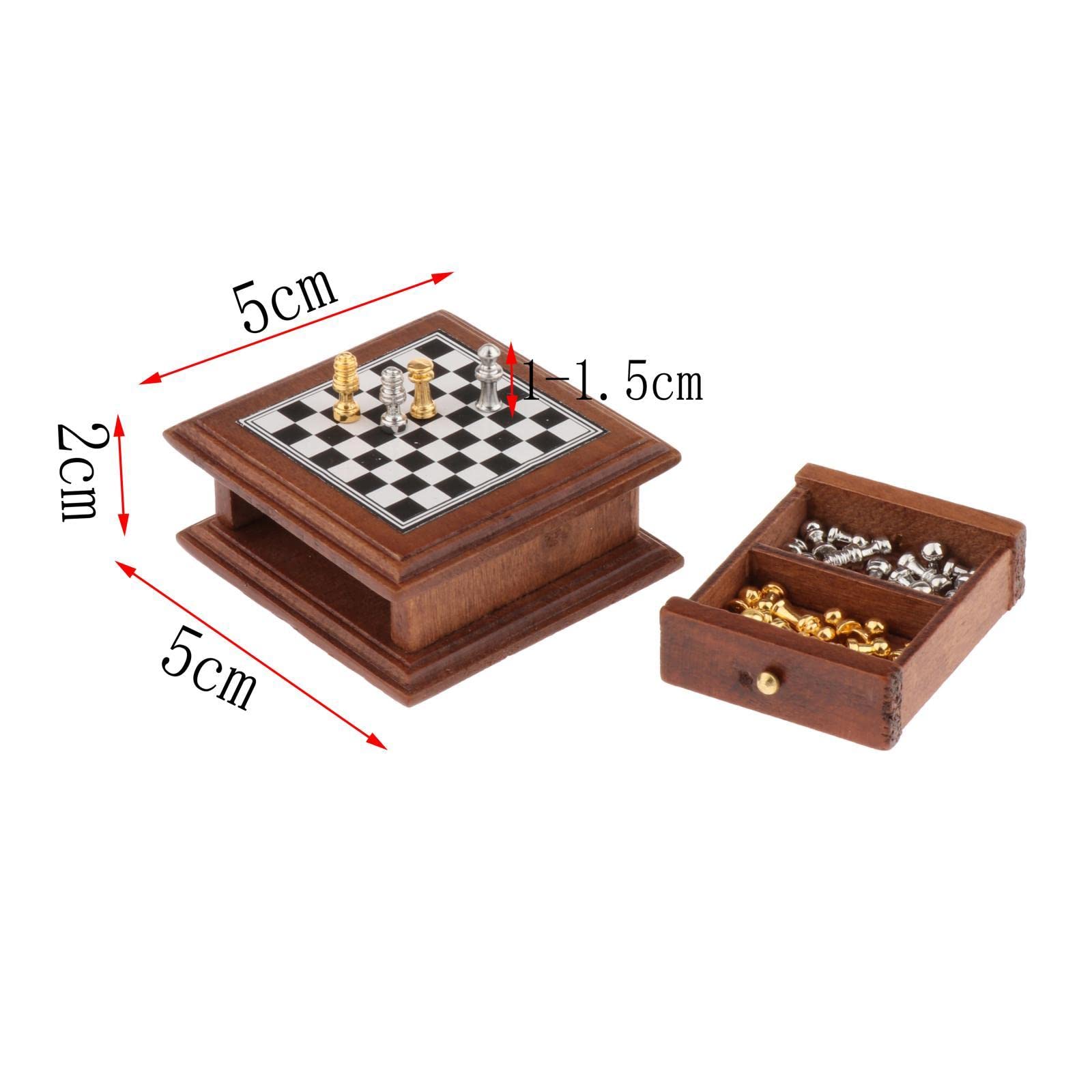 Deevoka 1:12 Scale Dollhouse Chess Set, Miniature Board Game Room Decor with 32 Metal Chess Pieces and Checkerboard