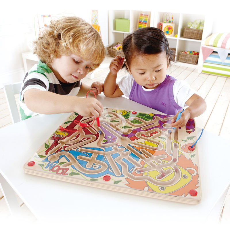 Hape Zoo’m Magnetic Wooden Bead Maze Puzzle | Durable Two Player Wooden Puzzle Toy for Toddlers, Fun Filled Traveling Entertainment