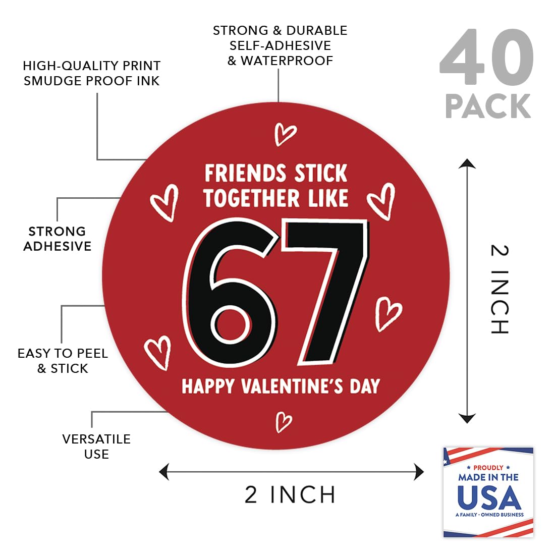 Andaz Press 40 Pack 67 Valentines Stickers, 2 Inch Valentines Day Stickers, Funny Valentine Stickers Sheets, Friends Stick Together Like 67 Labels