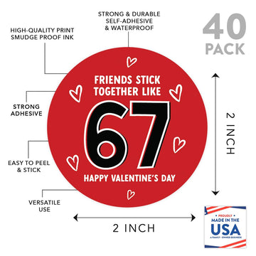 Andaz Press 40 Pack 67 Valentines Stickers, 2 Inch Valentines Day Stickers, Funny Valentine Stickers Sheets, Friends Stick Together Like 67 Labels