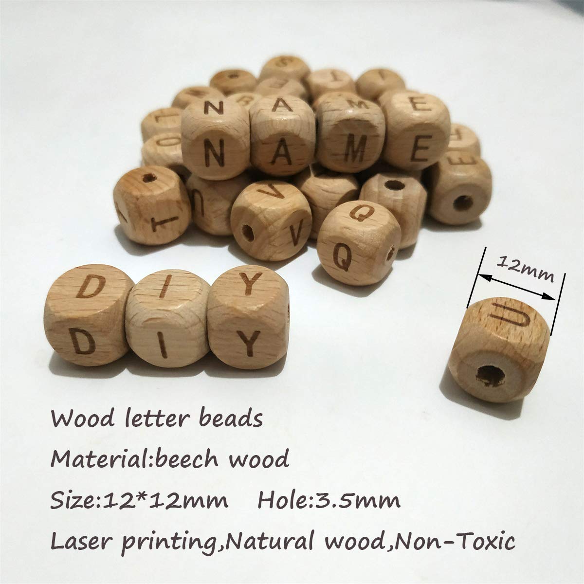 104pcs Square Wood Alphabet Beads 12MM Natural Beech Wooden Letter Beads for Jewelry Making DIY Bead Necklace (Wood Letter 104pcs)