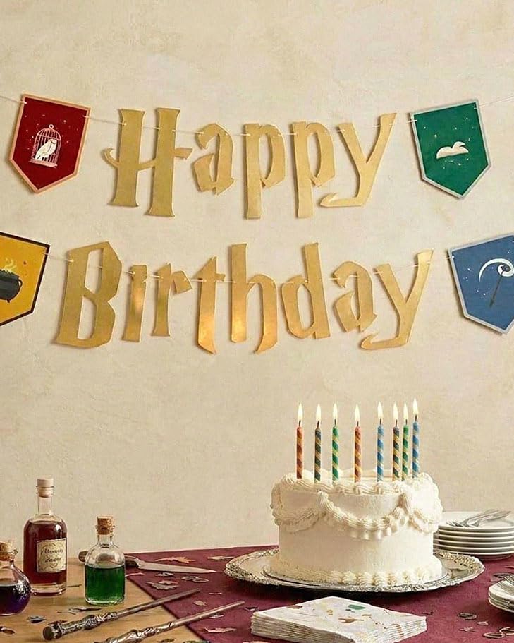 xo, Fetti Wizard Happy Birthday Banner Gold Foil 6.5ft | Kids Party Decor