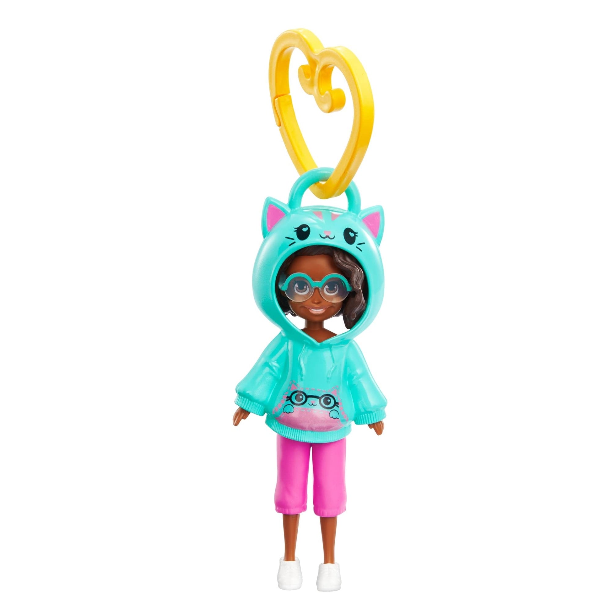 Polly Pocket Friend Clips Shani Doll with Cat Hoodie and Yellow Heart Shaped Clip, Gift for Kids Ages 4+