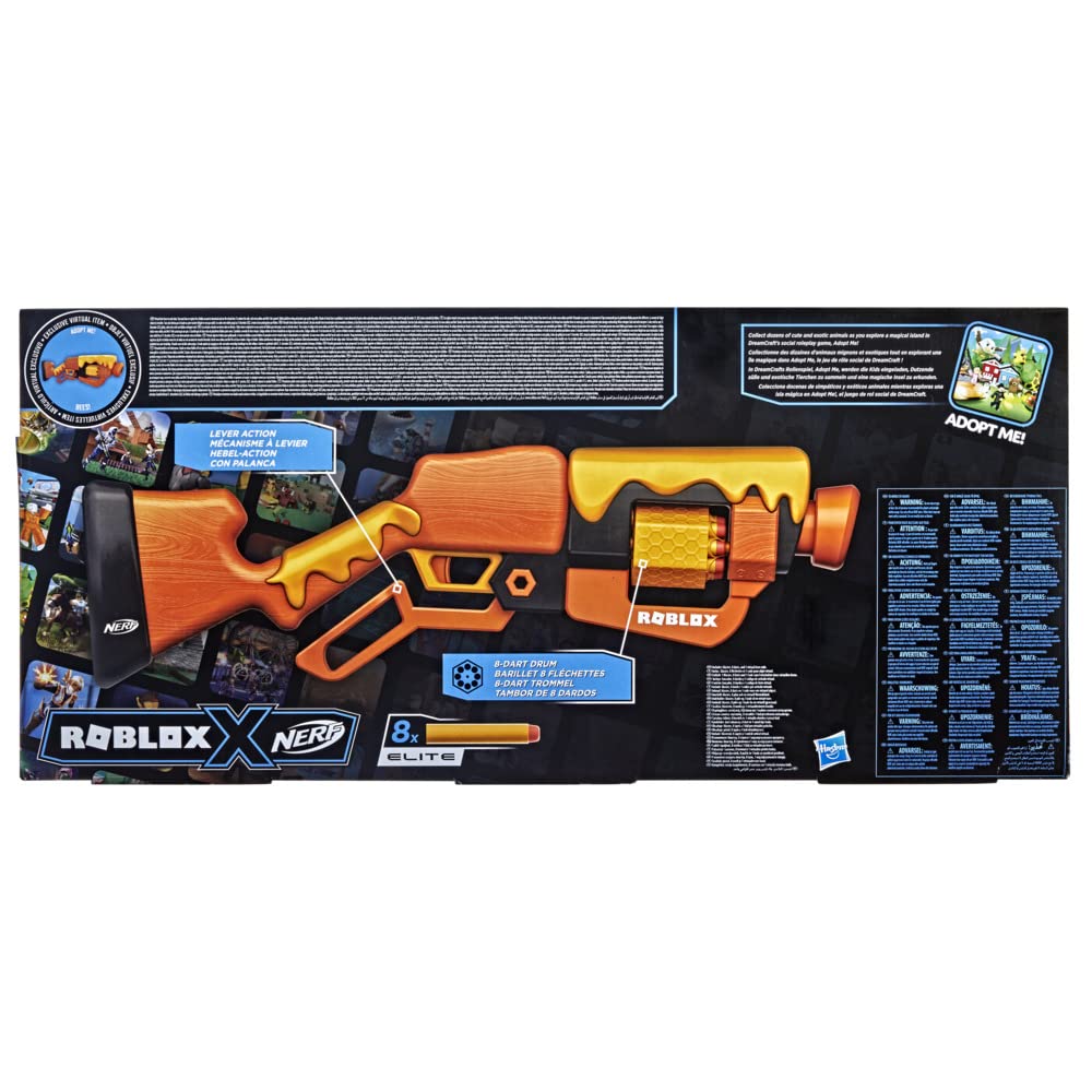 Nerf Roblox Adopt Me!: Bees! Lever Action Dart Blaster, Rotating 8-Dart Drum, 8 Elite Darts, Code to Unlock in-Game Virtual Item