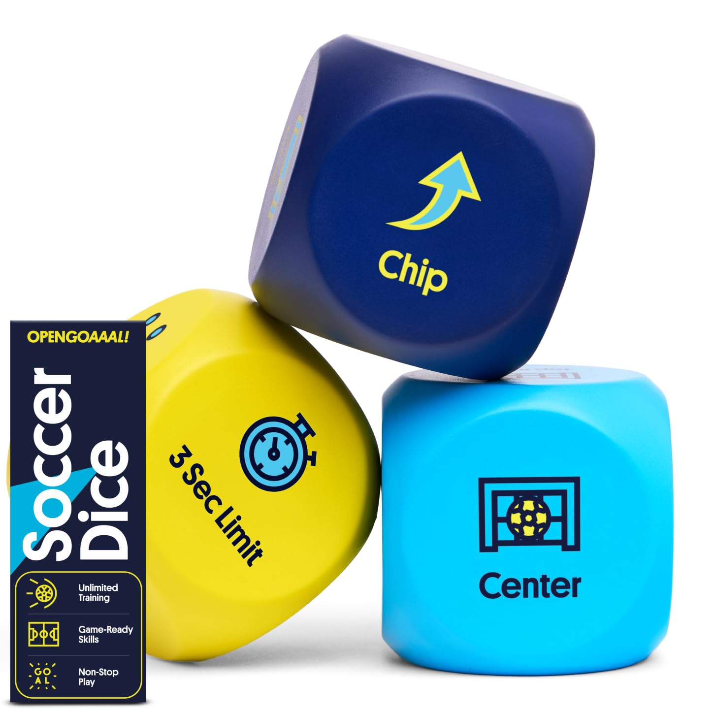 Open Goaaal Soccer Training Dice Game, 3 Dice and Guide