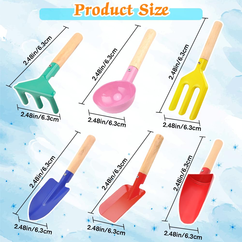 Katroiy 6 Piece Beach Sand Box Toys, Kids Gardening Tools, Made of Metal with Sturdy Wooden Handle, Safe Beach Gardening Set, Spoon, Fork, Rake