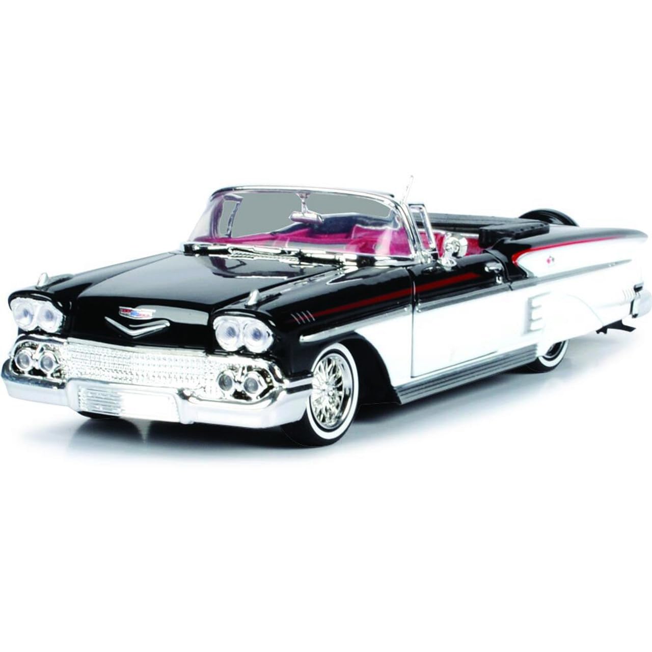 1958 Chevy Impala Convertible Lowrider Black and White with Red Interior Get Low Series 1/24 Diecast Model Car by Motormax 79025 for Unisex Adult