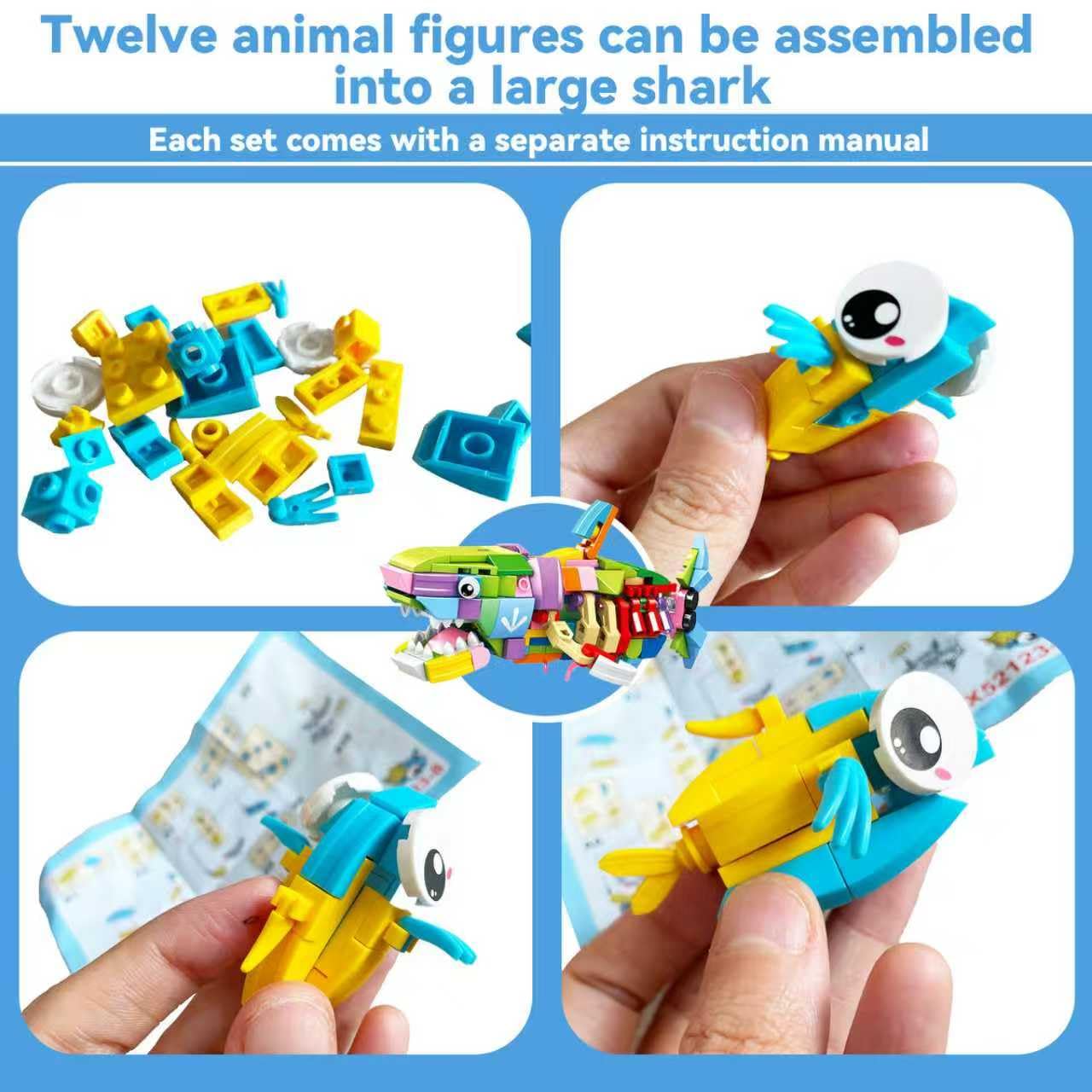 Easter Basket Stuffers Marine Animal Building Blocks Set, 12 in 1 Ocean Creatures Shark Fidget Toys, Party Favors for Kids, Classroom Birthday Gifts