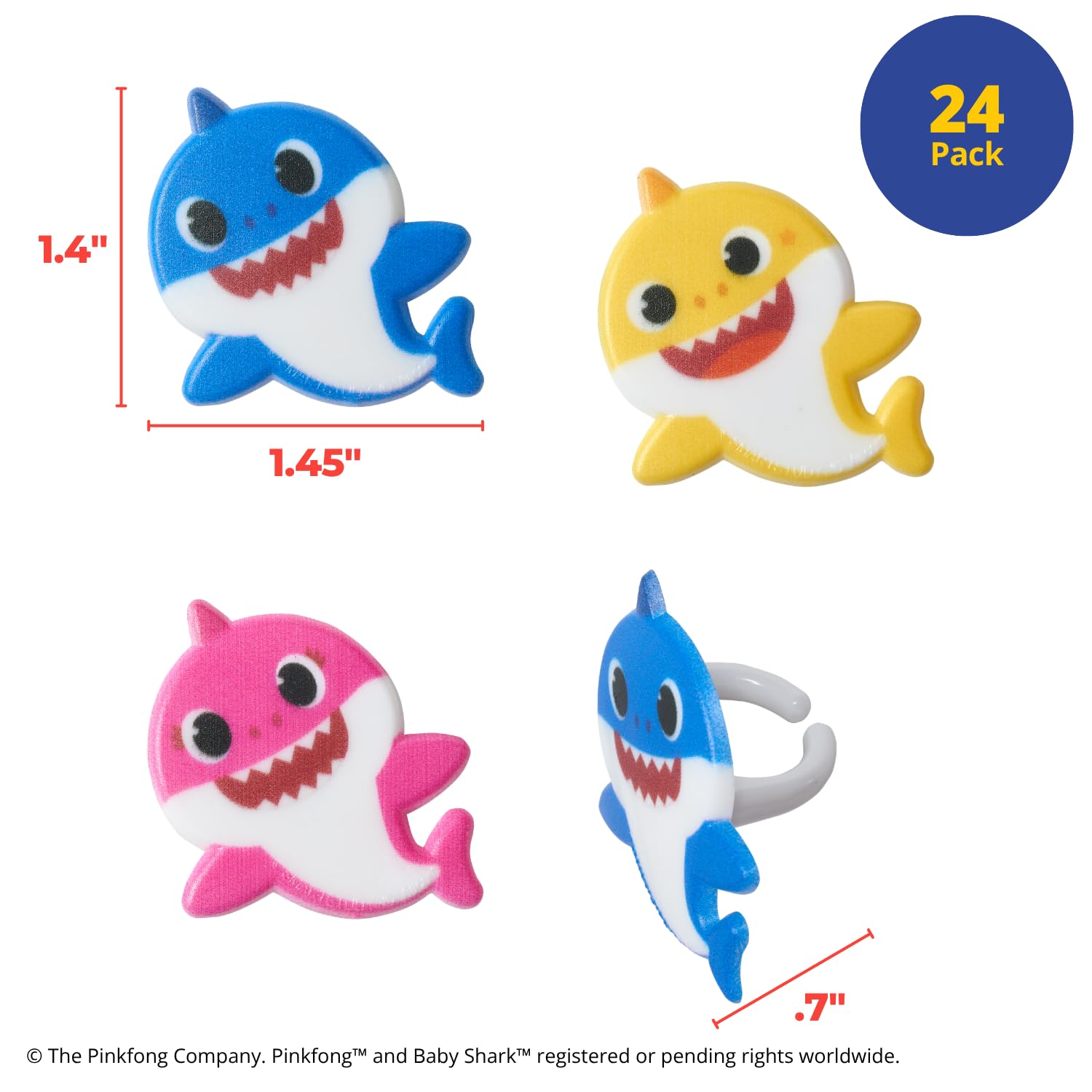 DecoPac Baby Shark Rings, Cupcake Toppers Featuring Baby Shark, Mommy Shark, And Daddy Shark, Blue, Pink, And Yellow 3D Food Safe Cake Decorations