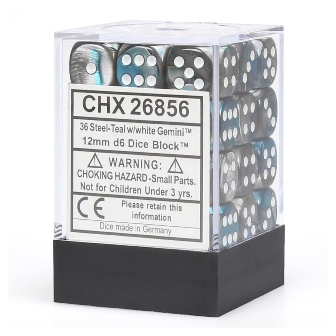 DND Dice Set-Chessex D&D Dice-12mm Gemini Steel, Teal, and White Plastic Polyhedral Dice Set-Dungeons and Dragons Dice Includes 36 Dice - D6, Various