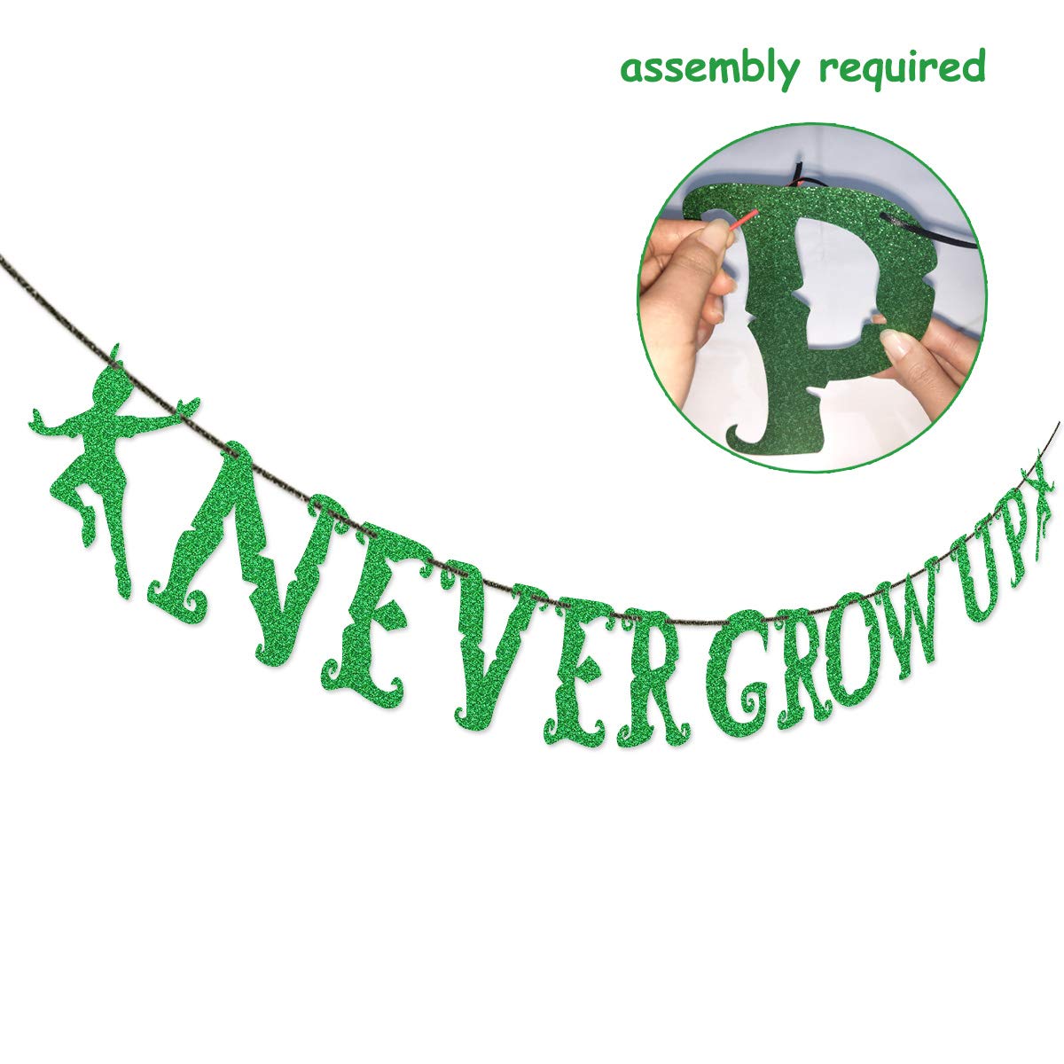 Green Glitter Never Grow Up Banner Never Grow Up Cake Topper for P Pan Neverland Birthday Party Decorations (Green)