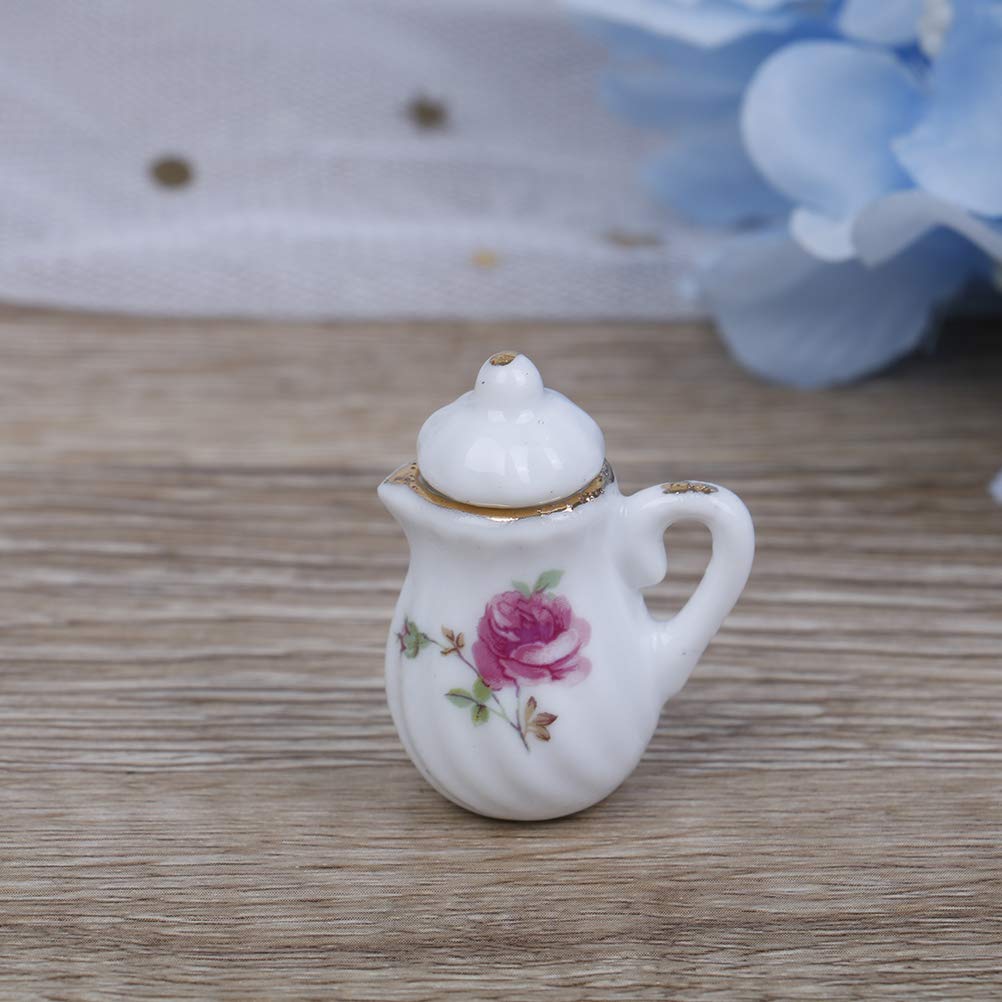 CoscosX 15 Pcs 1:12 Dollhouse Dining Ware Miniature Dish Cup Plate Pink Rose Chintz with Golden Trim Tableware Porcelain Ceramic Coffee Tea Cups
