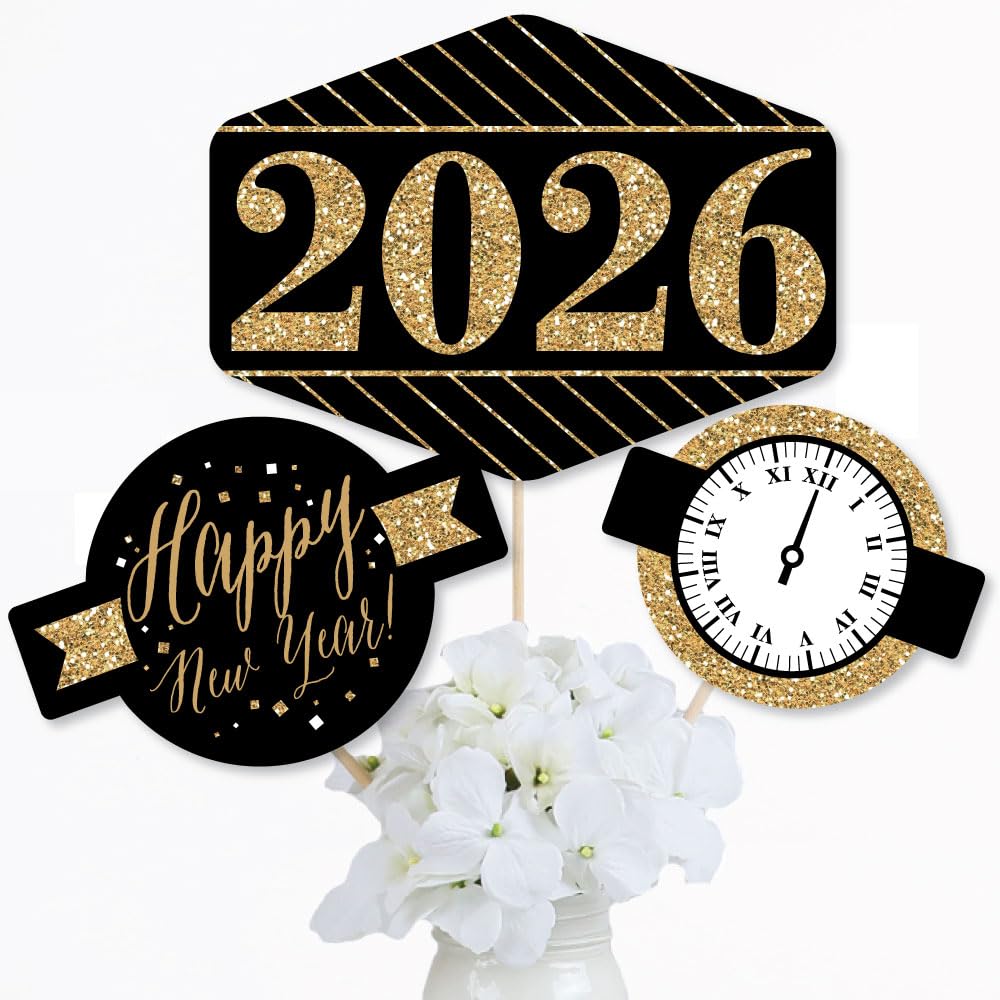 Big Dot of Happiness New Year's Eve - Gold - 2026 New Years Eve Party Centerpiece Sticks - Table Toppers - Set of 15