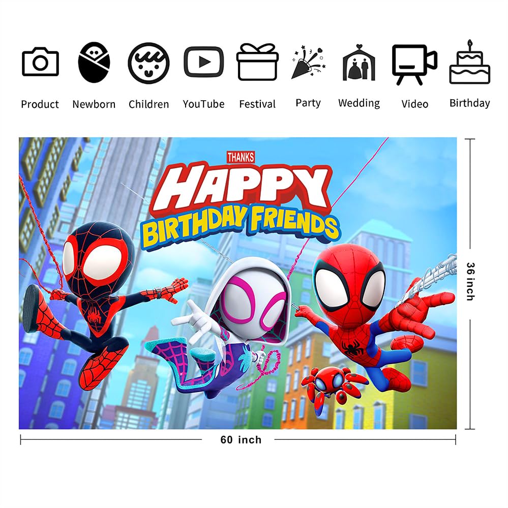 Spider and His Friends Birthday Decorations,Spider and His Friends Happy Birthday Banner Backdrop for Kids Birthday Party Supplies (5x3ft)