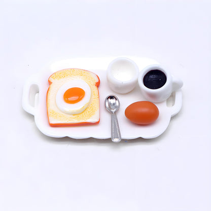 7 Pieces 1:12 Scale Miniature Breakfast Set - Dollhouse Kitchen Accessories, Includes Tray, Spoon, Cup, Coffee, Eggs, Bread, and Other Decorative
