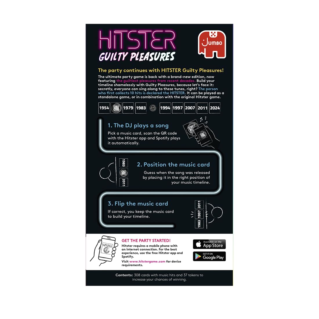 Jumbo Hitster - Guilty Pleasures, Fun Music Quiz Card Game, 2-10 Players - 300 Plus Guilty Pleasure Music Hits - Great for Adult and Family Game