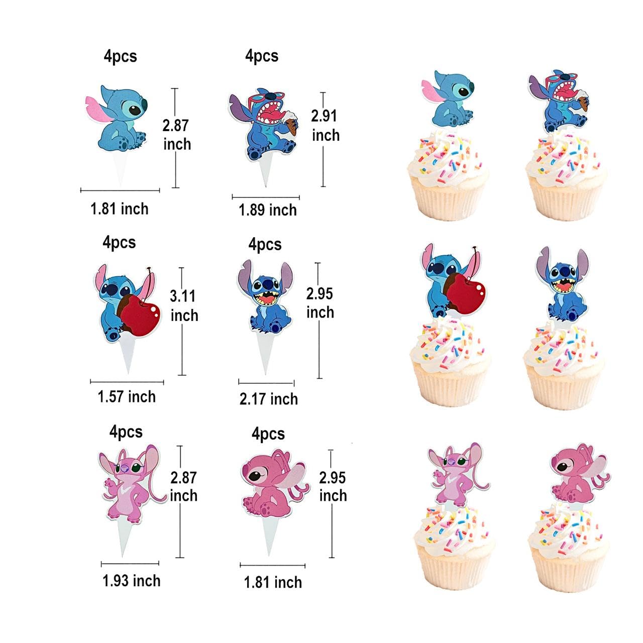 Stitch Cupcake Stand 3-Tier Pink with 24 Stitch Cupcake Toppers - Hawaiian Aloha Luau Birthday Party Decorations for Kids, Stitch Party Supplies