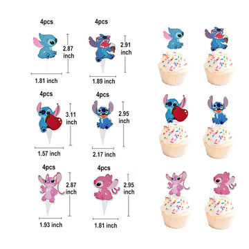 Stitch Cupcake Stand 3-Tier Pink with 24 Stitch Cupcake Toppers - Hawaiian Aloha Luau Birthday Party Decorations for Kids, Stitch Party Supplies