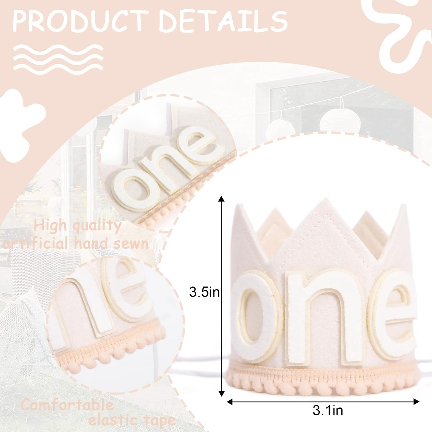 SYESQL Baby 1st Birthday Hat White - One Birthday Crown Hat, First White Hat, Cake Smash Party Hat for Boys/Girls (Baby One Crown)